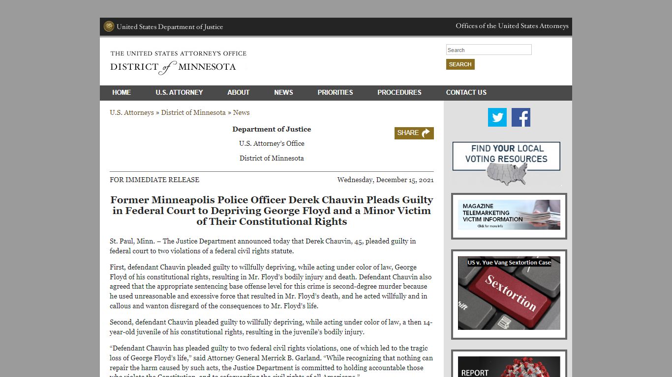 Former Minneapolis Police Officer Derek Chauvin Pleads Guilty in ...